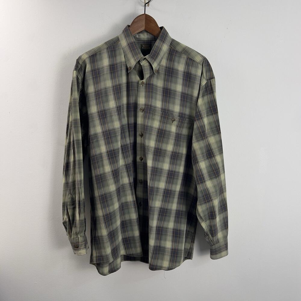 Scott Barber Windowpane Check Shirt Green & Tan L Relaxed Fit Cotton
